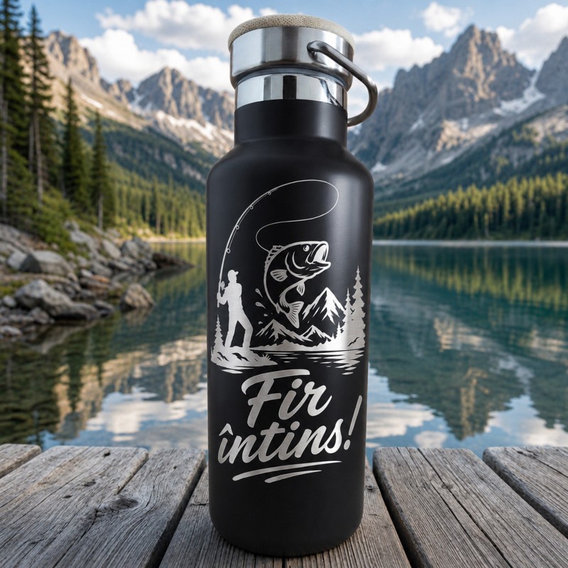                  Termos negru inox 500ml personalizat „Fir întins!” – cadou pentru pescari
               
