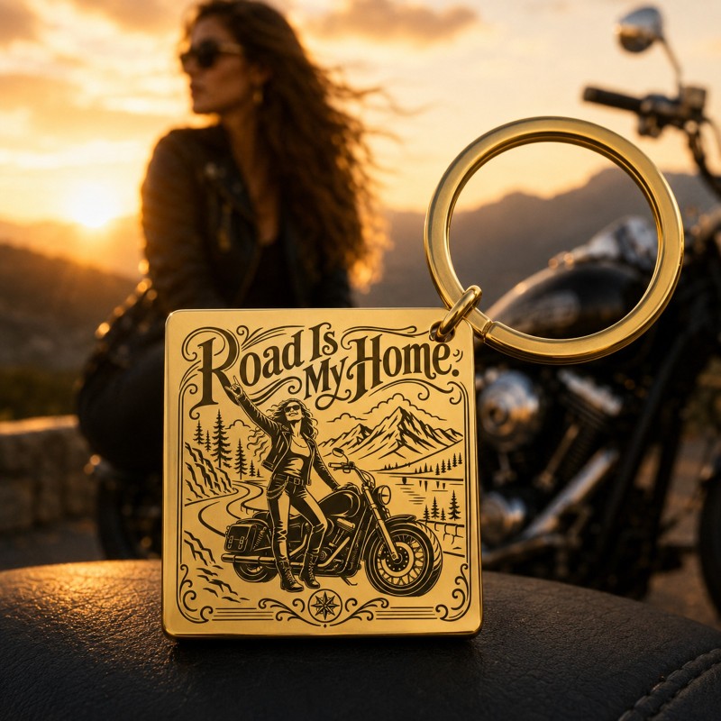 Breloc Inox Gold Plated  „Road Is My Home” | Cadou pentru Motocicliști