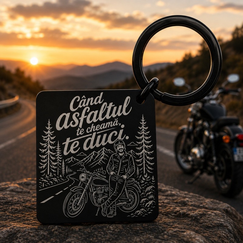 Breloc Inox PVD Black „Când Asfaltul Te Cheamă, Te Duci” | Cadou pentru Motocicliști