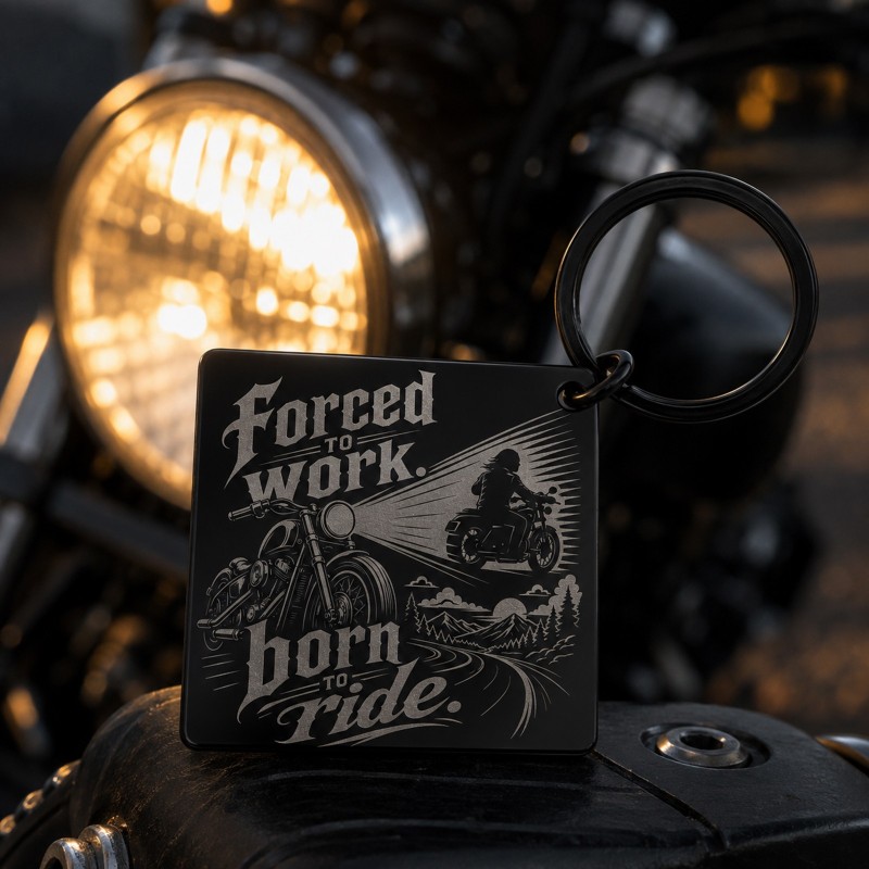                 Breloc Inox PVD Black „Forced to work. Born to ride” | Cadou pentru Motocicliști
               