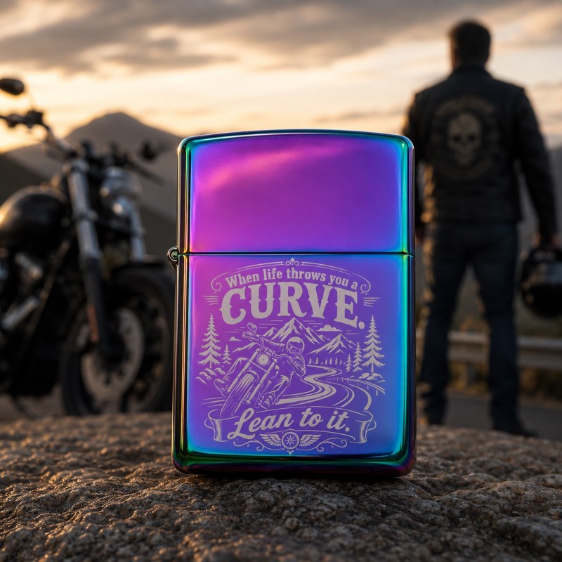                  Brichetă Gravată Rainbow „When life throws you a curve. Lean to it” | Cadou pentru motocicliști
               