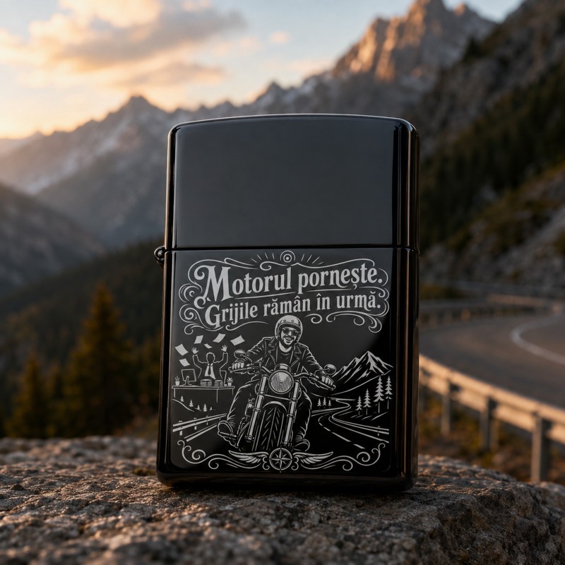                  Brichetă Gravată Black „Motorul pornește. Grijile rămân în urmă” | Cadou pentru motocicliști
               