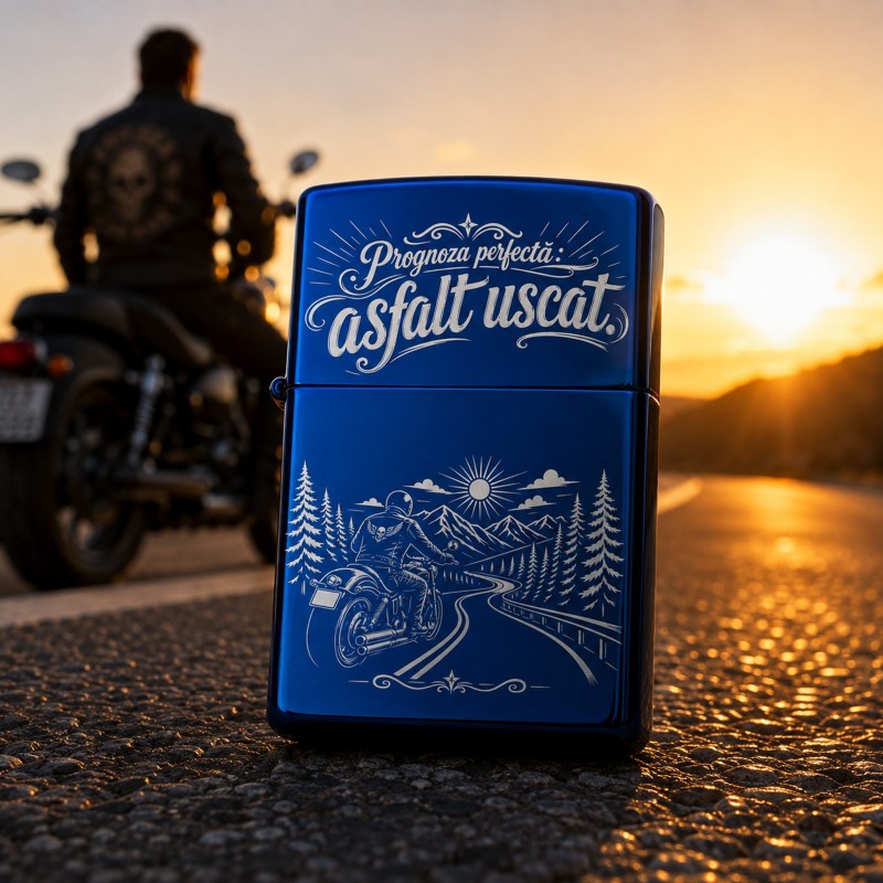                  Brichetă Gravată Blue „Prognoza perfectă: asfalt uscat” | Cadou pentru motocicliști
               