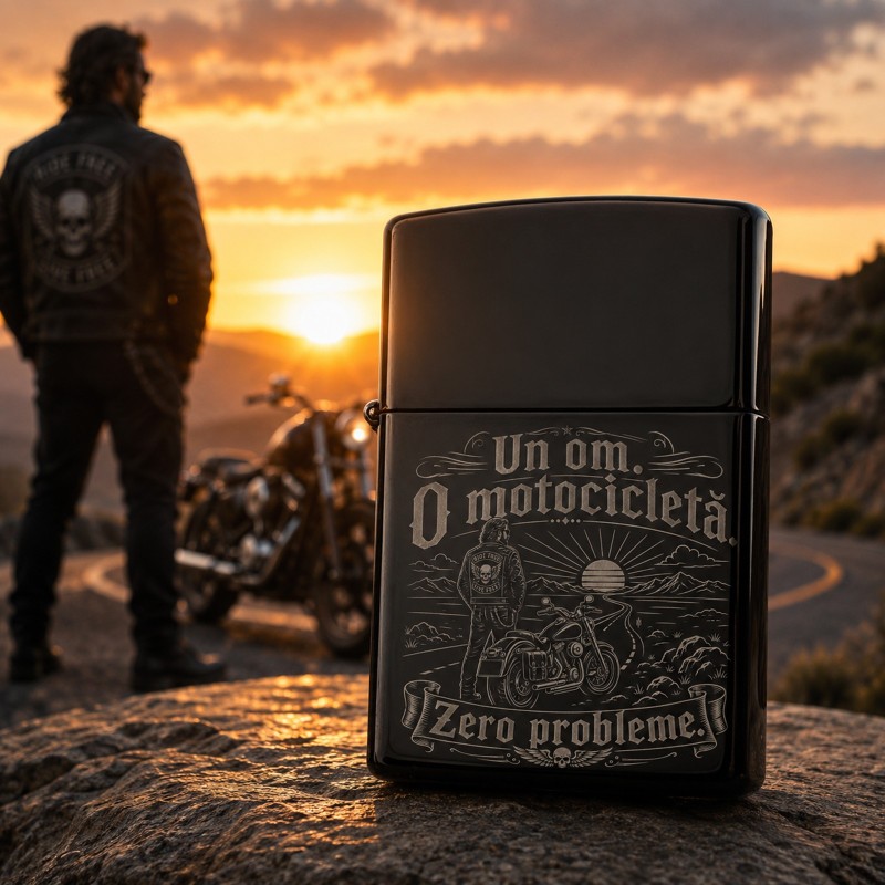                  Brichetă Gravată Black „Un om. O motocicletă. Zero probleme” | Cadou pentru motocicliști
               