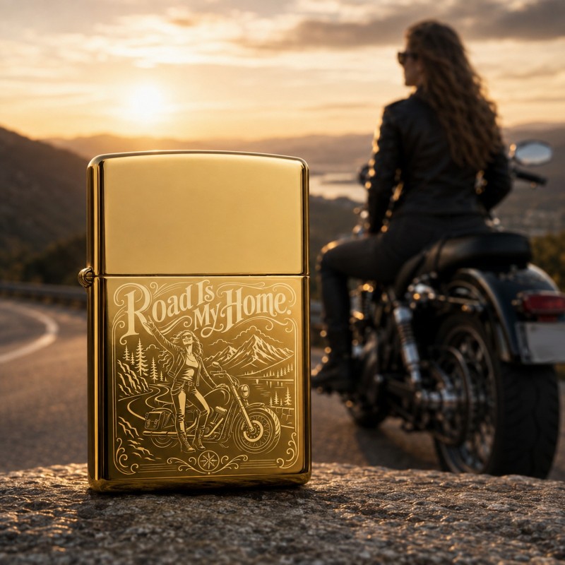                  Brichetă Gravată Aurie „Road is my home” | Cadou pentru motocicliști
               