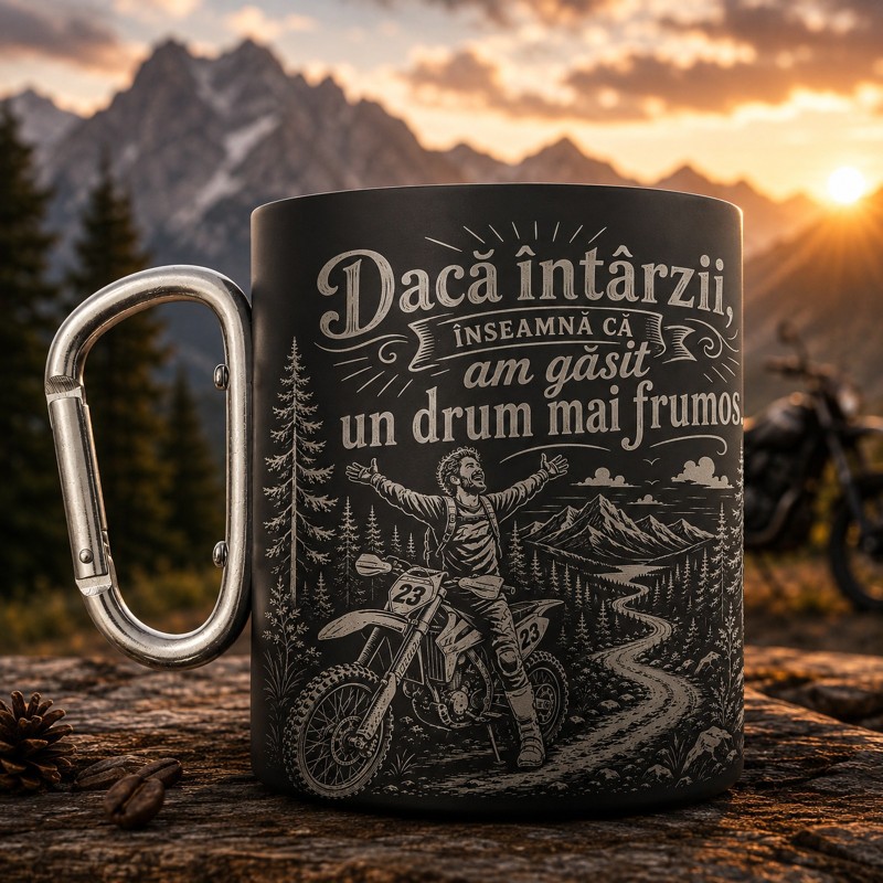                  Cana gravată cu carabinieră „Dacă întârzii, înseamnă că am găsit un drum mai frumos.”| Cadou pentru motocicliști
               