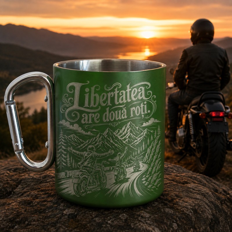                 Cana verde gravată cu carabinieră „Libertatea are două roți”| Cadou pentru motocicliști
               