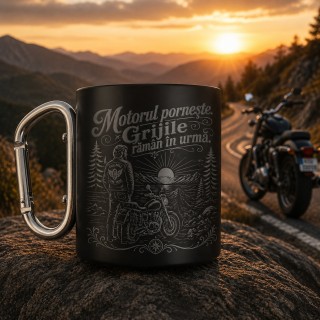 Cana neagră gravată cu carabinieră „Motorul pornește Grijile rămân în urmă”| Cadou pentru motocicliști