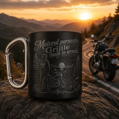 Cana neagră gravată cu carabinieră „Motorul pornește Grijile rămân în urmă”| Cadou pentru motocicliști