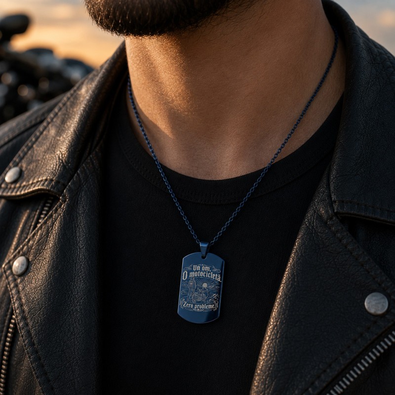                  Colier Army Inox Blue „Un om O motocicletă Zero probleme”| Cadou pentru motocicliști
               