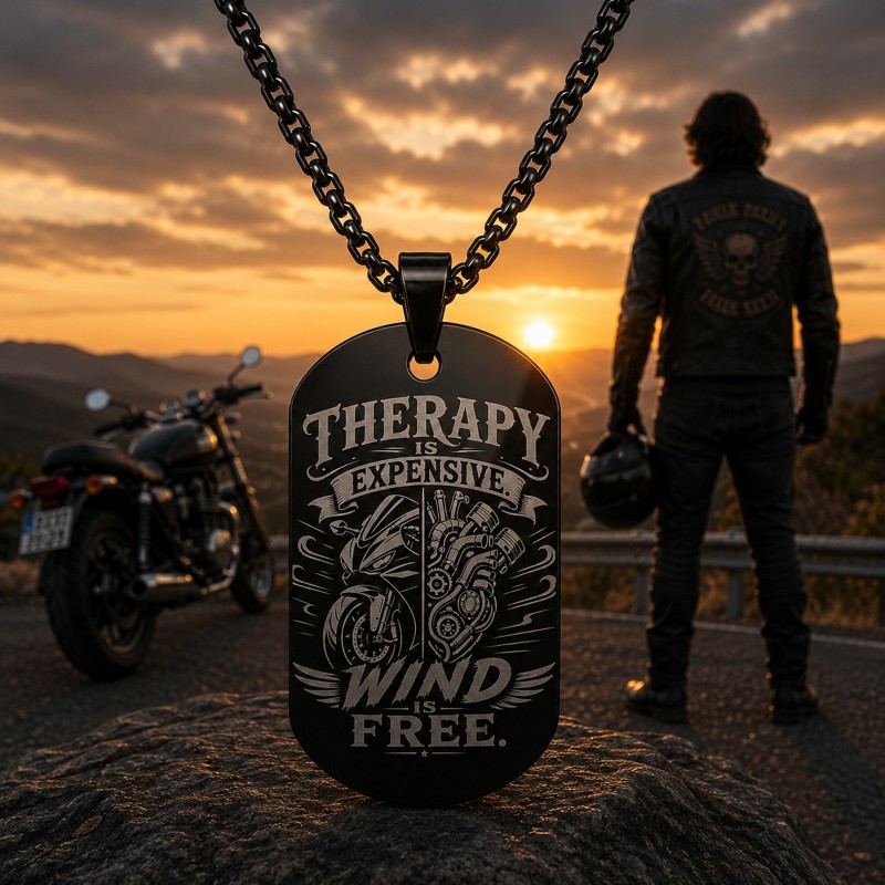                  Colier Inox Army Black „Therapy is expensive Wind is free”| Cadou pentru motocicliști
               