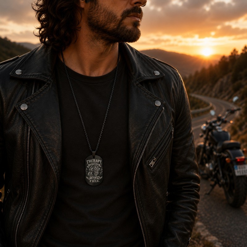 Colier Inox Army Black „Therapy is expensive Wind is free”| Cadou pentru motocicliști
