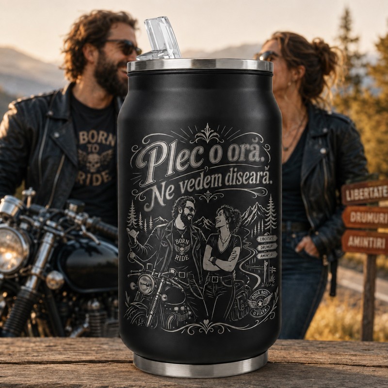 Termos negru tip Doza gravată „Plec o oră. Ne vedem diseară.” | Cadou pentru motocicliști