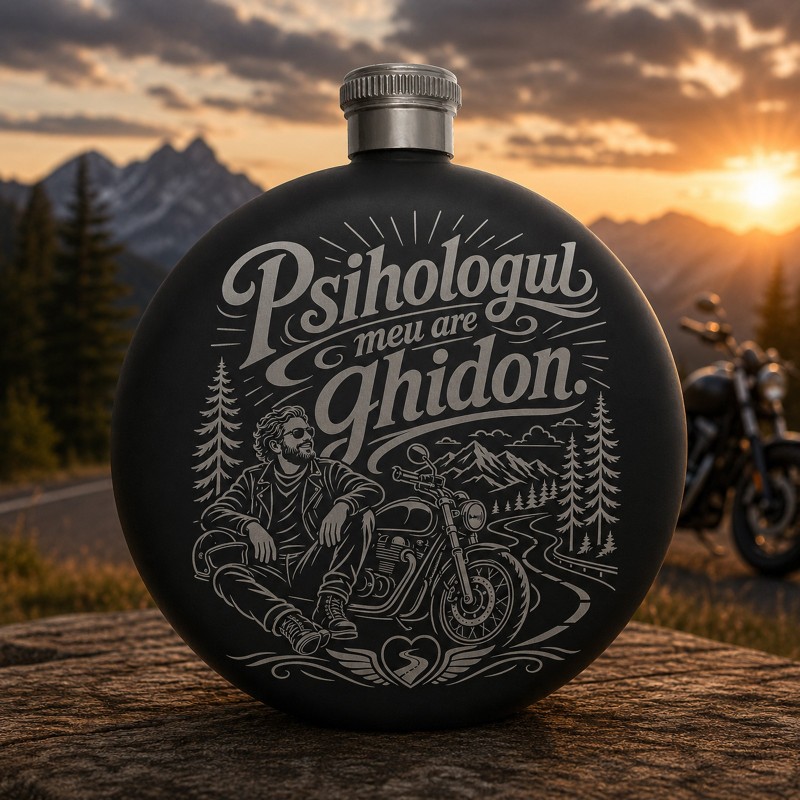                  Ploscă inox 140 ml gravată „Psihologul meu are ghidon.”| Cadou pentru motocicliști
               