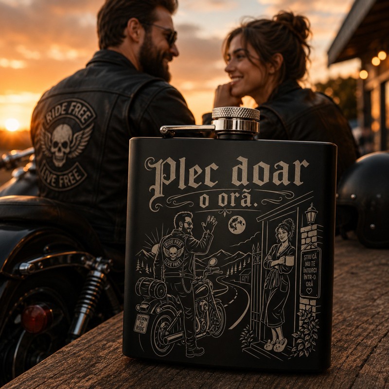                  Ploscă inox 200ml gravată „Plec doar o oră.” | Cadou pentru motocicliști
               
