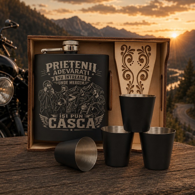                  Set ploscă inox 200ml cu 4 pahare „Prietenii adevărați nu întreabă unde mergem, își pun casca” | Cadou pentru motociclilști
               