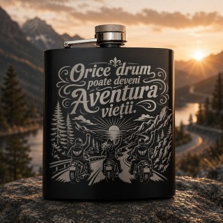 Ploscă inox 200ml gravată „Orice drum poate deveni aventura vieții” | Cadou pentru motocicliști