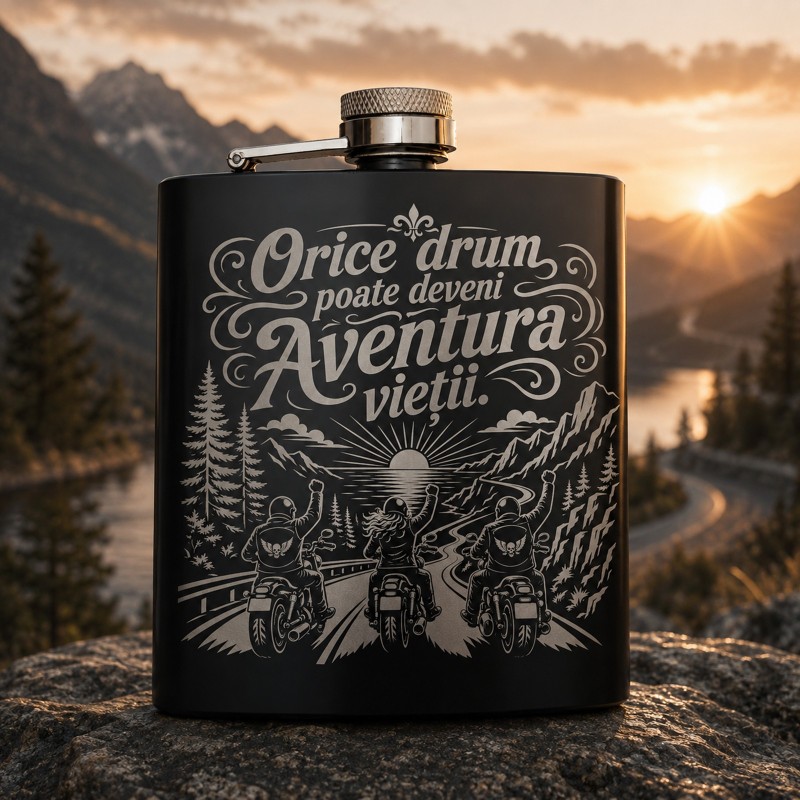                  Ploscă inox 200ml gravată „Orice drum poate deveni aventura vieții” | Cadou pentru motocicliști
               