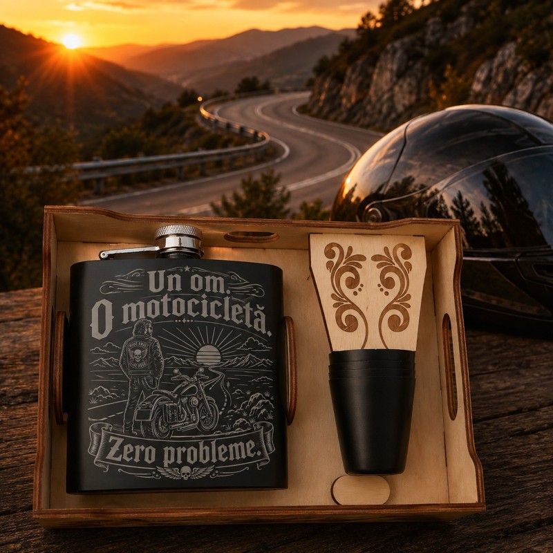                  Set ploscă inox 200ml cu 4 pahare „Un om. O motocicletă. Zero probleme.” | Cadou pentru
               