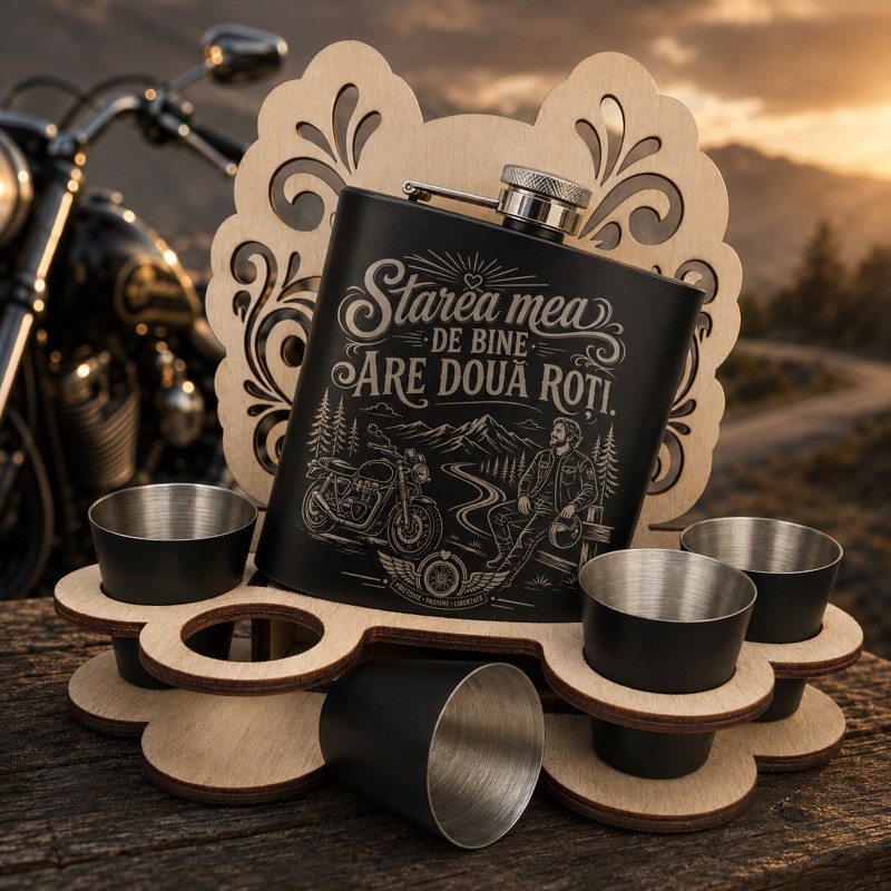                  Set ploscă inox 200ml cu 4 pahare „Starea mea de bine are două roți” | Cadou pentru motocicliști
               