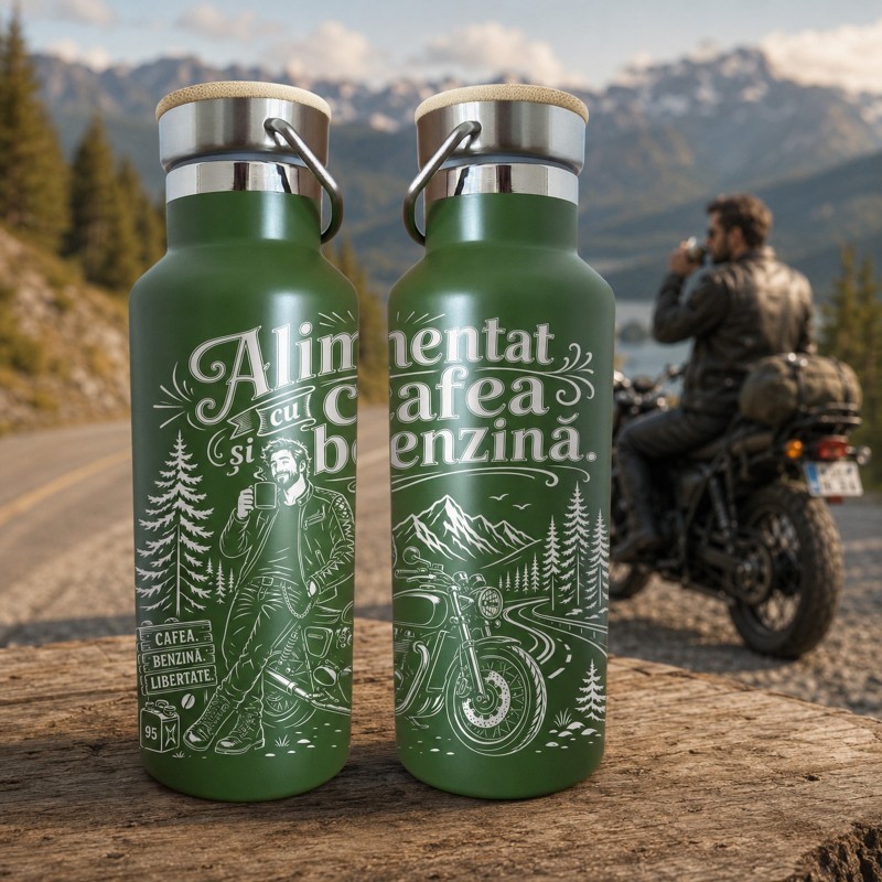                  Termos verde inox 500ml „Alimentat cu cafea și benzină” | Cadou pentru motocicliști
               
