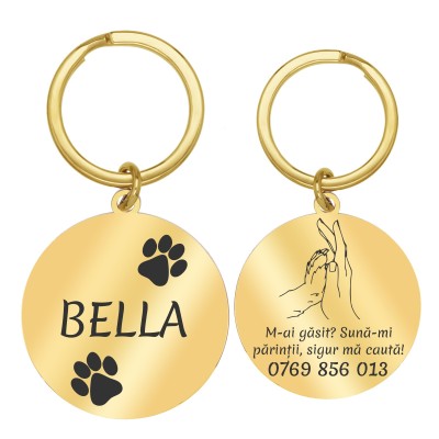 Medalion Personalizat Banut Inox Auriu Nume Mesaj Telefon