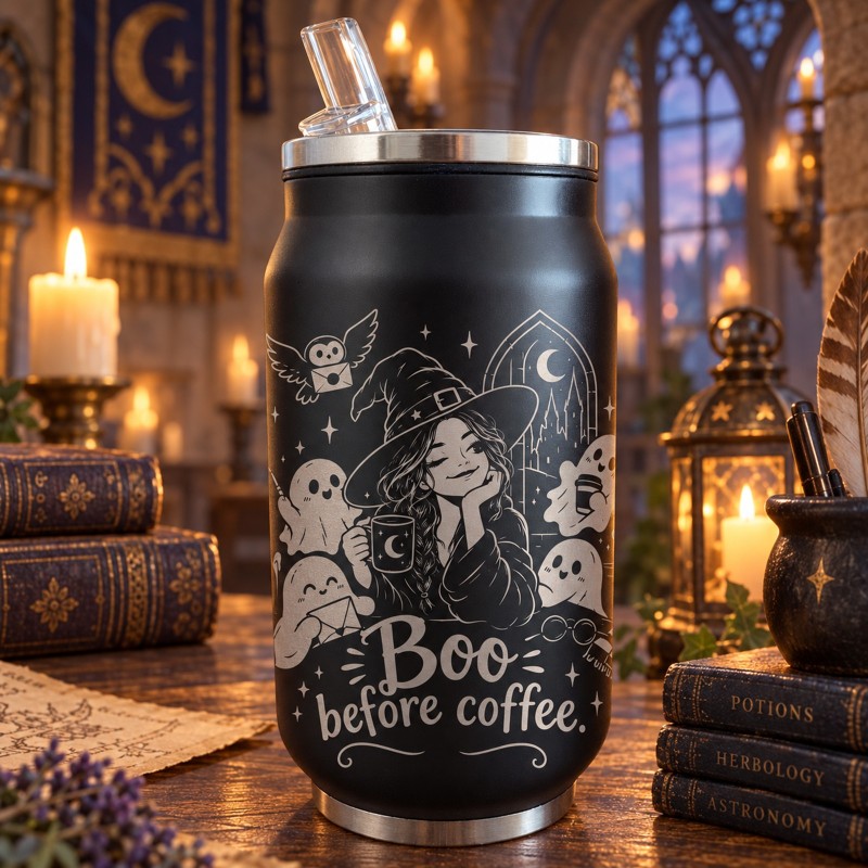 Cană termos tip doză 350ml "Boo Before Coffee" | Spooky but Cute Collection