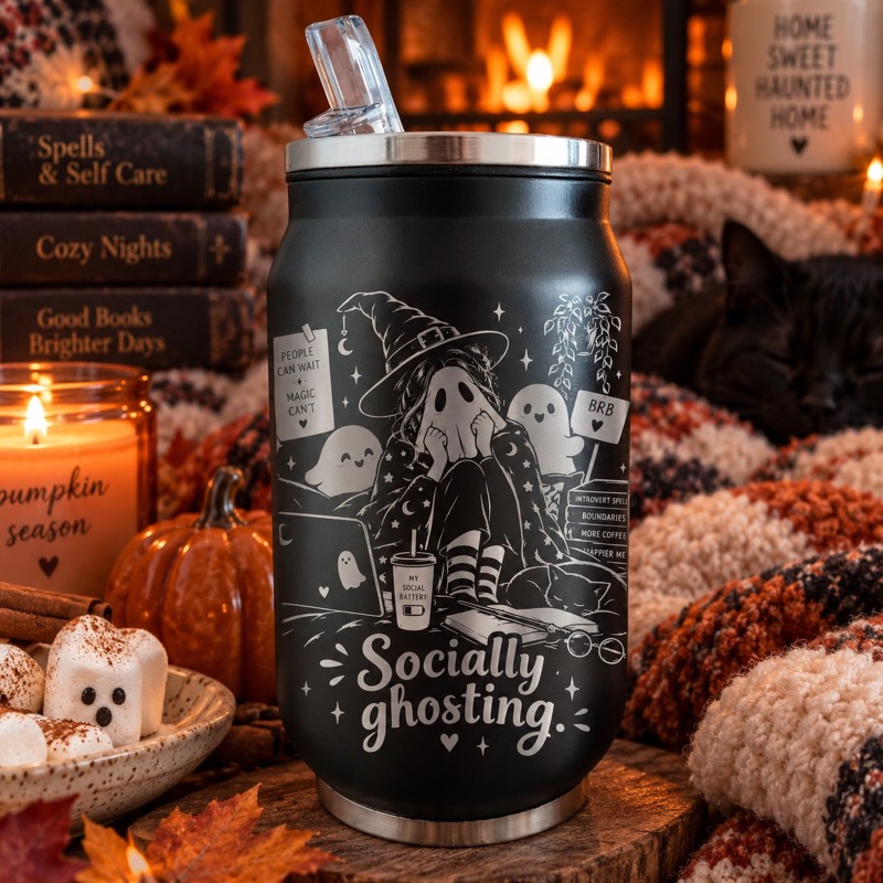                  Cană termos tip doză 350ml "Socially Ghosting" | Spooky but Cute Collection
               