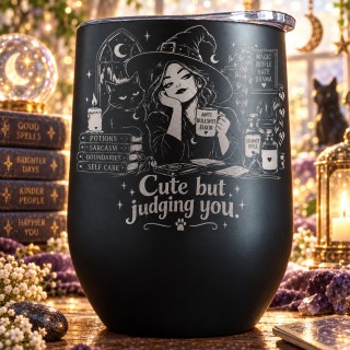 Cană termos tip pahar de vin 360ml "Cute but Judging You" | Spooky but Cute Collection