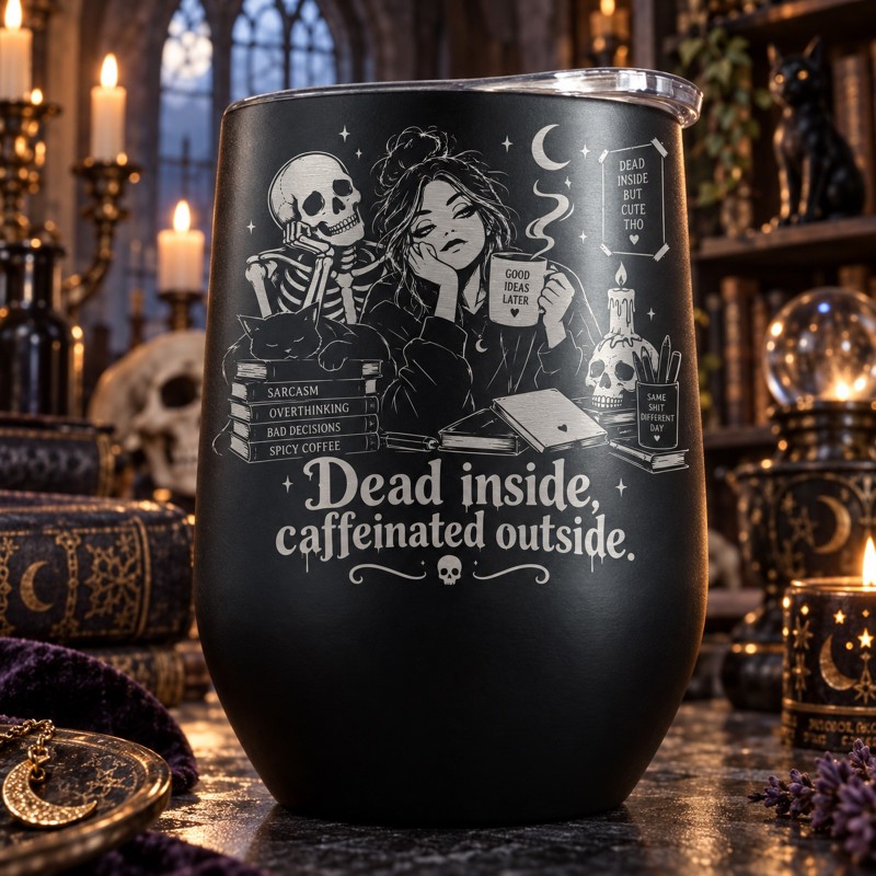                  Cană termos tip pahar de vin 360ml "Dead Inside, Caffeinated Outside" | Spooky but Cute Collection
               