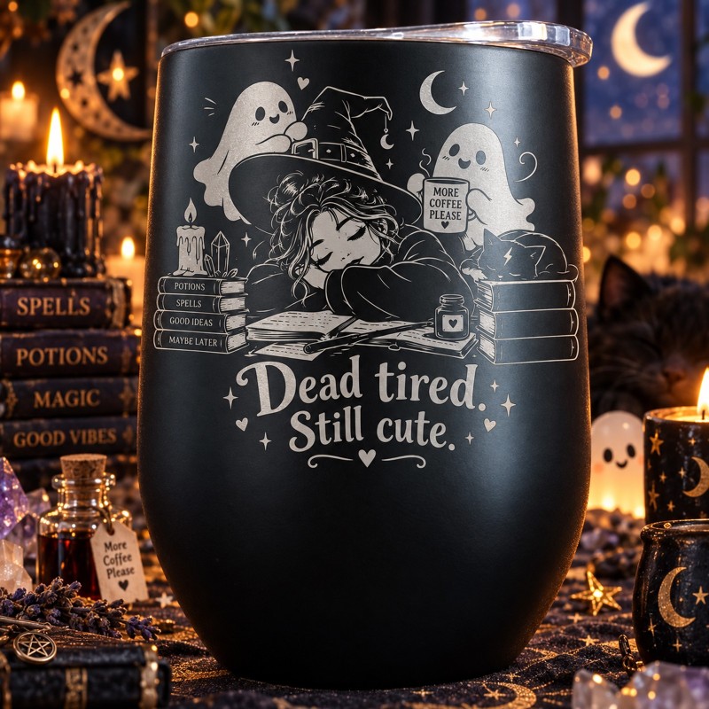 Cană termos tip pahar de vin 360ml "Dead Tired. Still Cute." | Spooky but Cute Collection