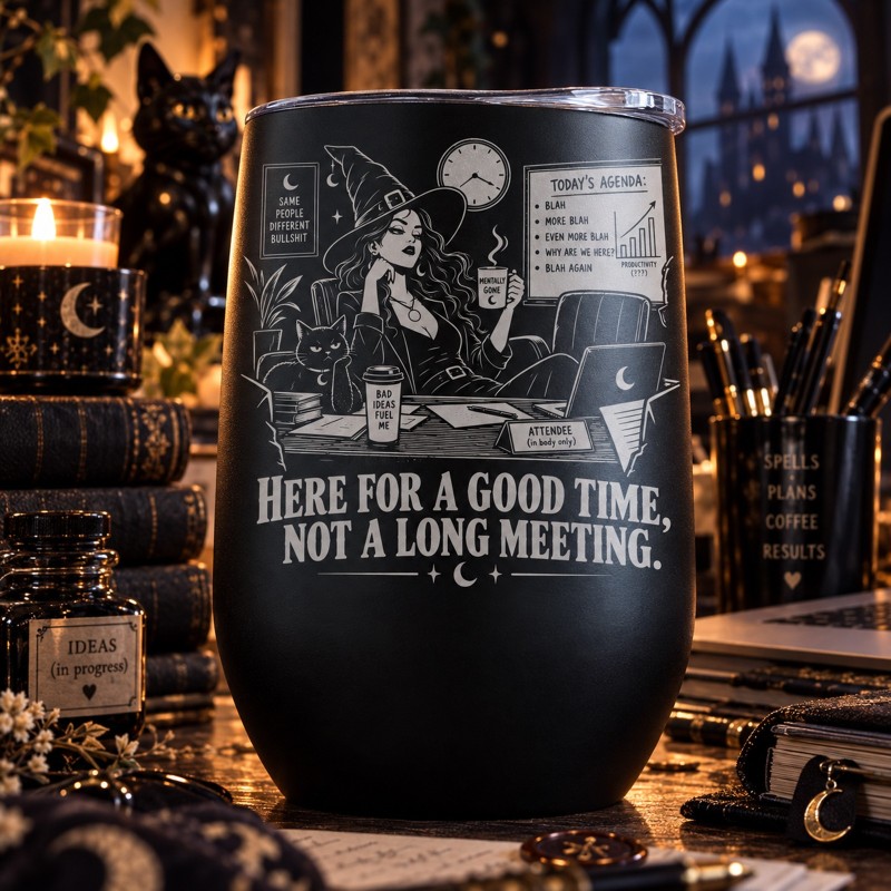                  Cană termos tip pahar de vin 360ml "Here for a Good Time, Not a Long Meeting" | Spooky but Cute Collection
               