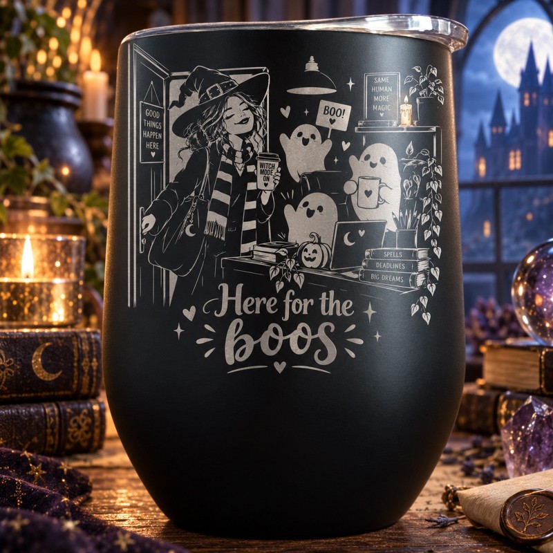 Cană termos tip pahar de vin 360ml "Here for the Boos" | Spooky but Cute Collection
