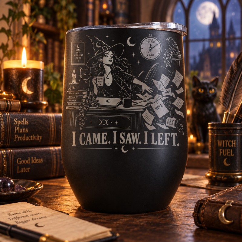                  Cană termos tip pahar de vin 360ml "I Came. I Saw. I Left." | Spooky but Cute Collection
               