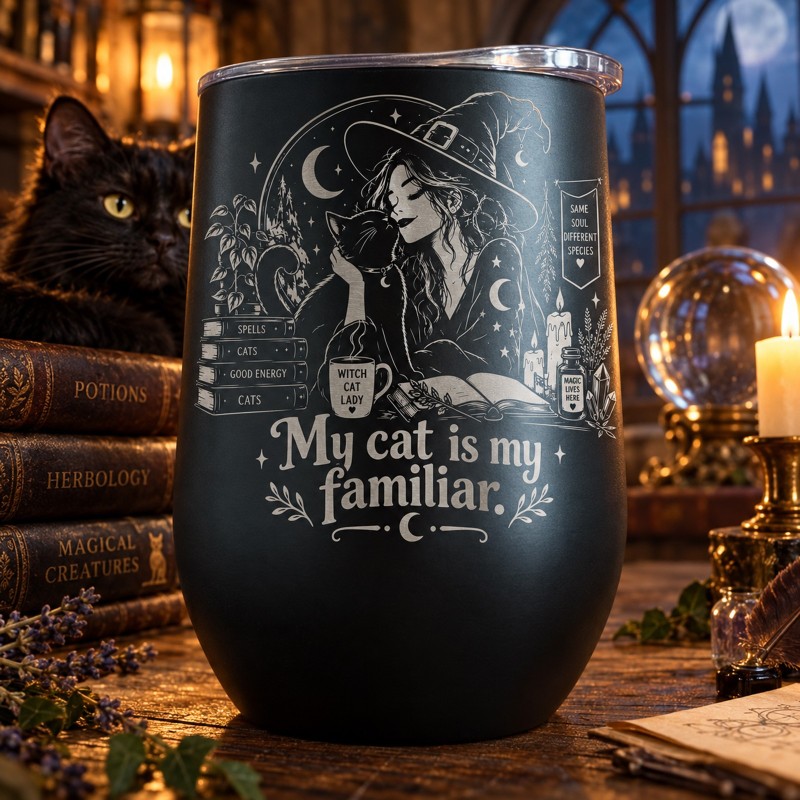                  Cană termos tip pahar de vin 360ml "My Cat Is My Familiar" | Spooky but Cute Collection
               