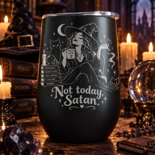 Cană termos tip pahar de vin 360ml "Not Today, Satan" | Spooky but Cute Collection