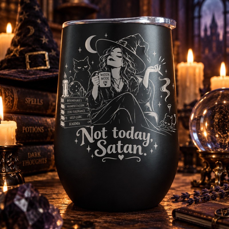 Cană termos tip pahar de vin 360ml "Not Today, Satan" | Spooky but Cute Collection