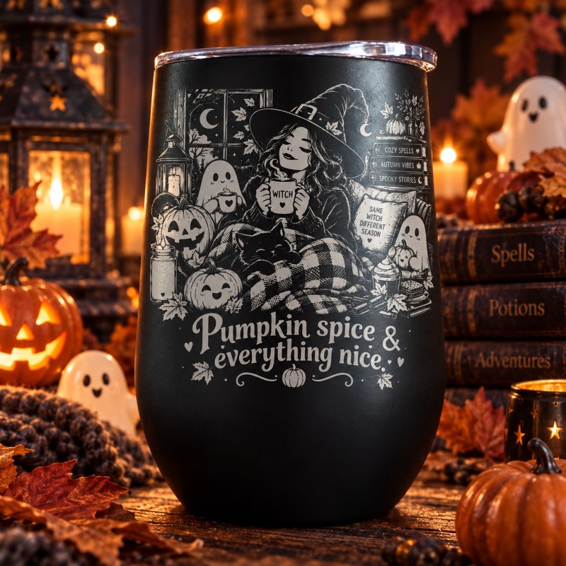                  Cană termos tip pahar de vin 360ml "Pumpkin Spice & Everything Nice" | Spooky but Cute Collection
               