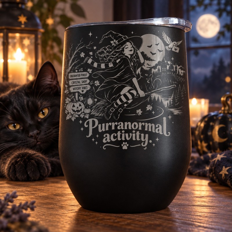                  Cană termos tip pahar de vin 360ml "Purranormal Activity" | Spooky but Cute Collection
               