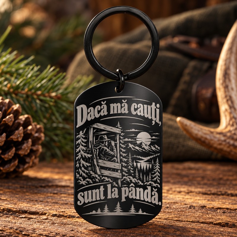                  Breloc Inox Black „Dacă mă cauți, sunt la pândă.” | Cadou pentru Vânători
               