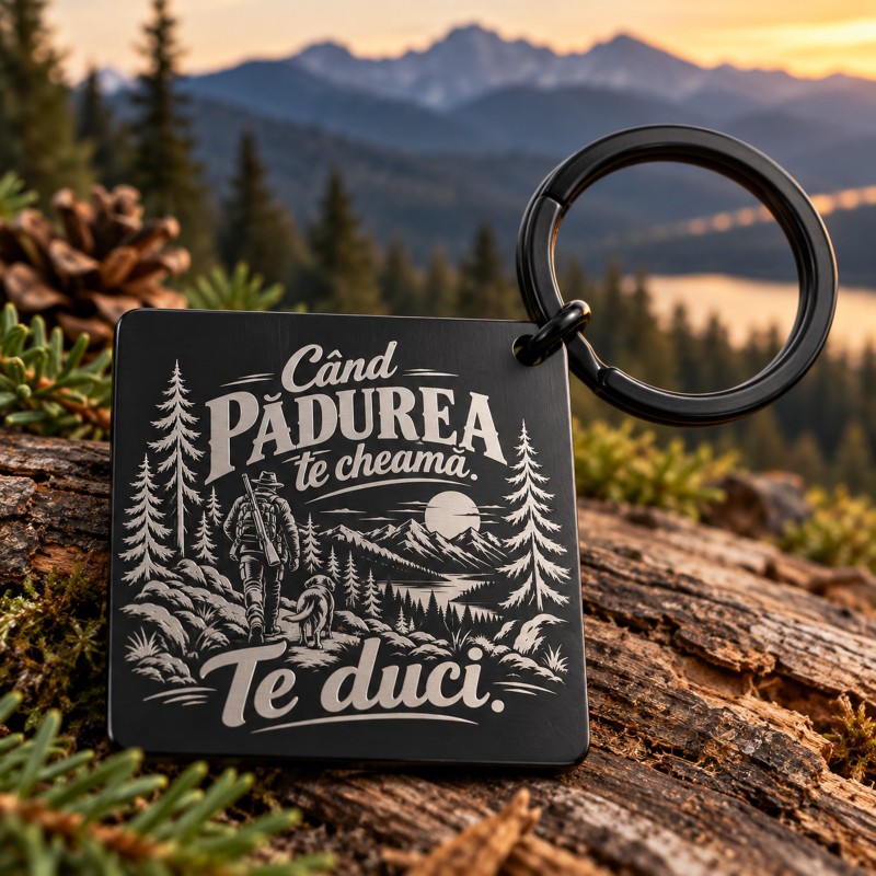                  Breloc Inox Black „Când pădurea te cheamă. Te duci.” | Cadou pentru Vânători
               