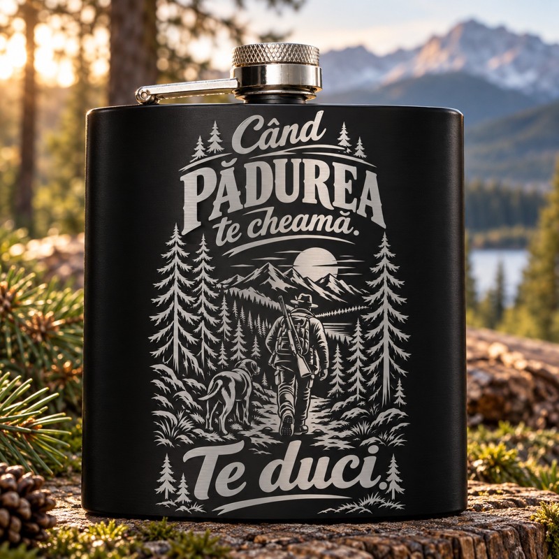                  Ploscă 200ml Gravată „Când pădurea te cheamă. Te duci.” | Cadou pentru Vânători
               