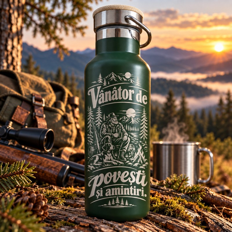 Termos Inox Verde 500ml „Vânător de povești și amintiri” | Cadou pentru Vânători
