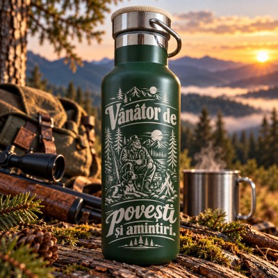 Termos Inox Verde 500ml „Vânător de povești și amintiri” | Cadou pentru Vânători