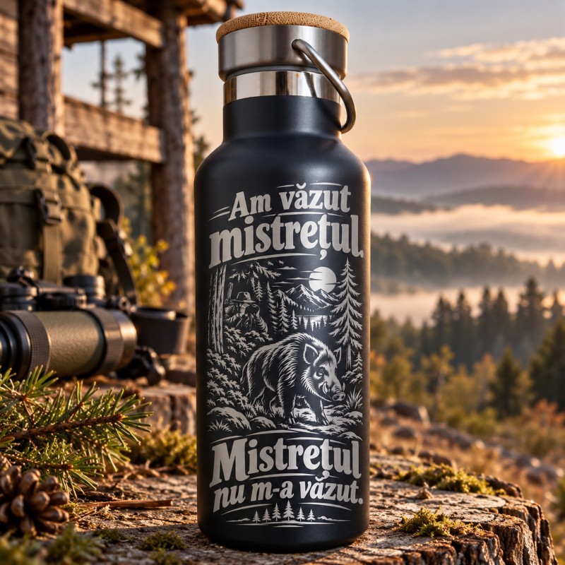                  Termos Inox Black 500ml „Am văzut mistrețul. Mistrețul nu m-a văzut.” | Cadou pentru Vânători
               