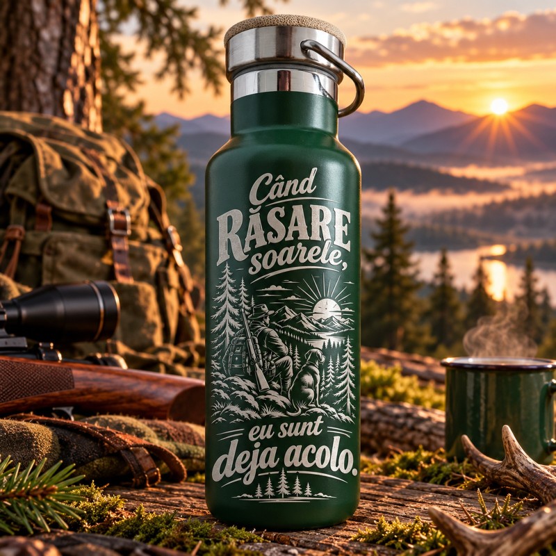                  Termos Inox Verde 500ml „Când răsare soarele, eu sunt deja acolo.” | Cadou pentru Vânători
               