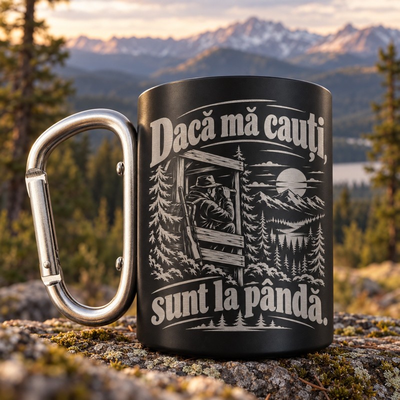                  Cană Gravată Neagra 200ml cu Carabinieră „Dacă mă cauți, sunt la pândă.” | Cadou pentru Vânători
               