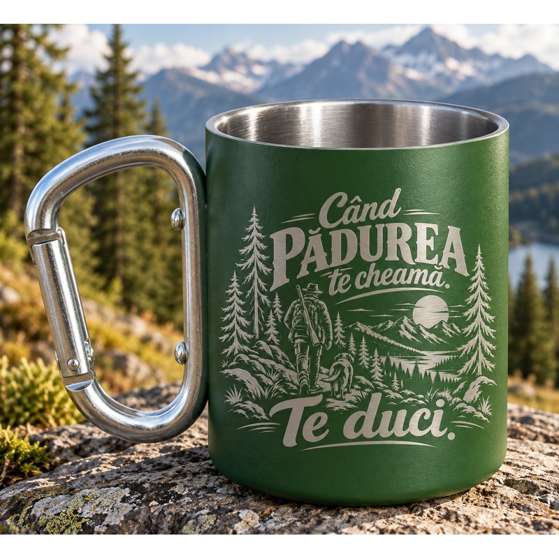                  Cană Gravată Verde 200ml cu Carabinieră „Când pădurea te cheamă. Te duci.” | Cadou pentru Vânători
               
