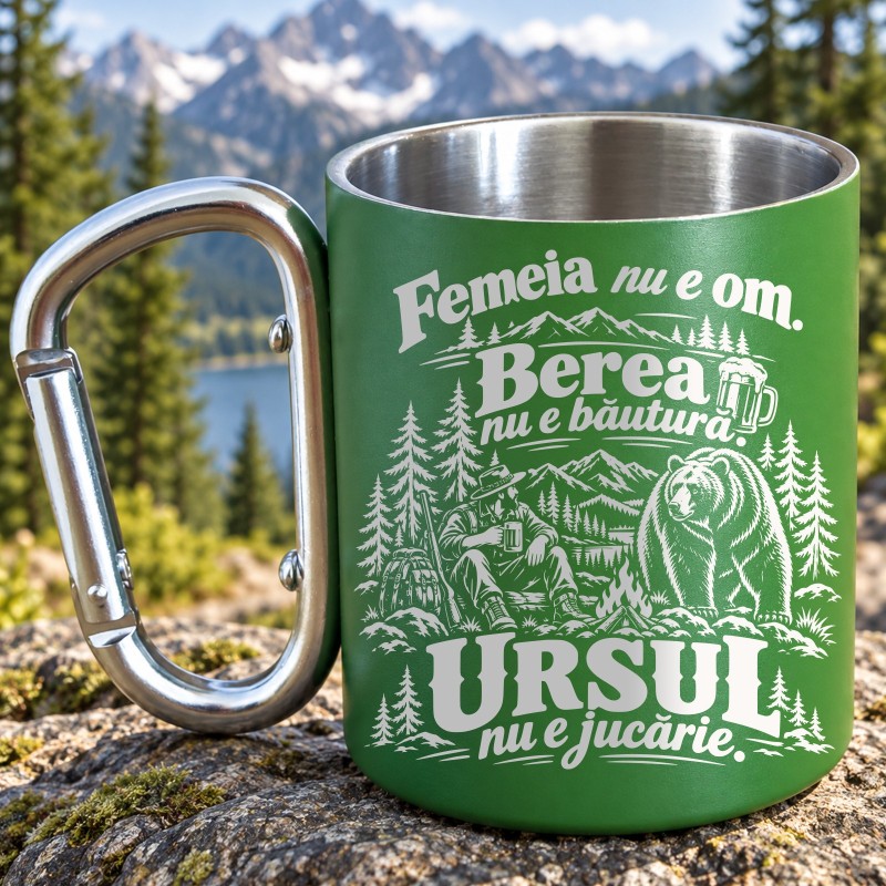 Cană Gravată Verde 200ml cu Carabinieră „Zicală Ardelenească” | Vânători