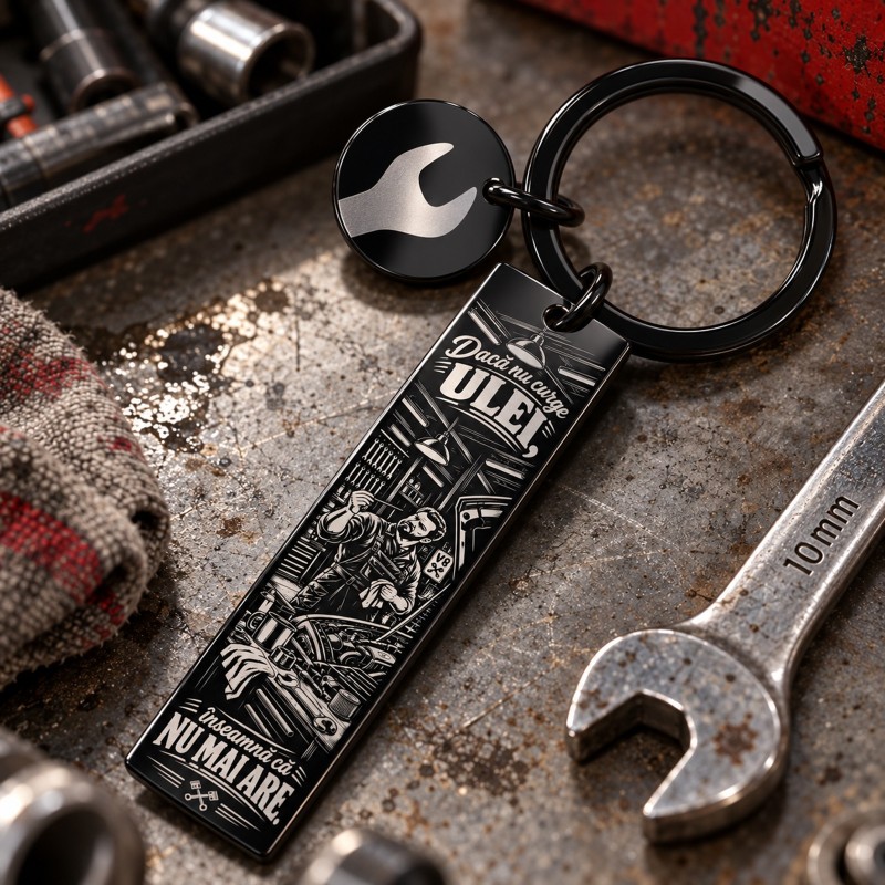                 Breloc gravat inox „Dacă nu curge ulei” | Colecția "Garage Legends"
               